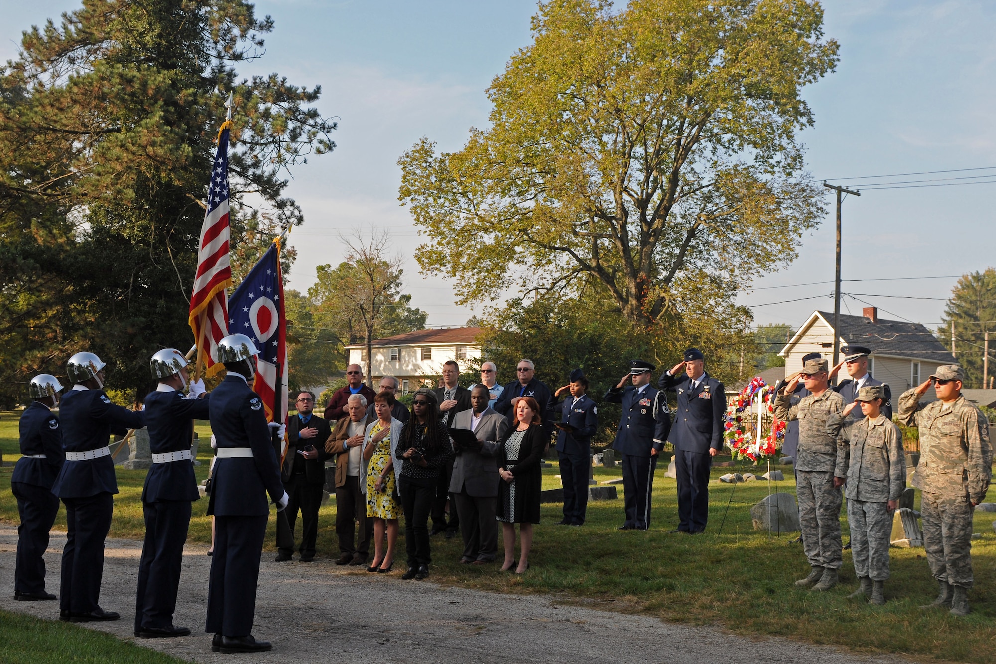 U.S. Airmen with the 121st Air Refueling Wing, along with members of the Columbus Downtown High School Jr. ROTC and the Rickenbacker-Woods Foundation, join together to celebrate the 125th birthday of Capt. Eddie Rickenbacker Oct. 8, 2015 at Green Lawn Cemetery, Columbus, Ohio. October 8 has officially been named by The Franklin County Board of Commissioners as “Captain Eddie Rickenbacker Day” for the City of Columbus. (U.S. Air National Guard photo by Airman 1st Class Ashley Williams/Released)
