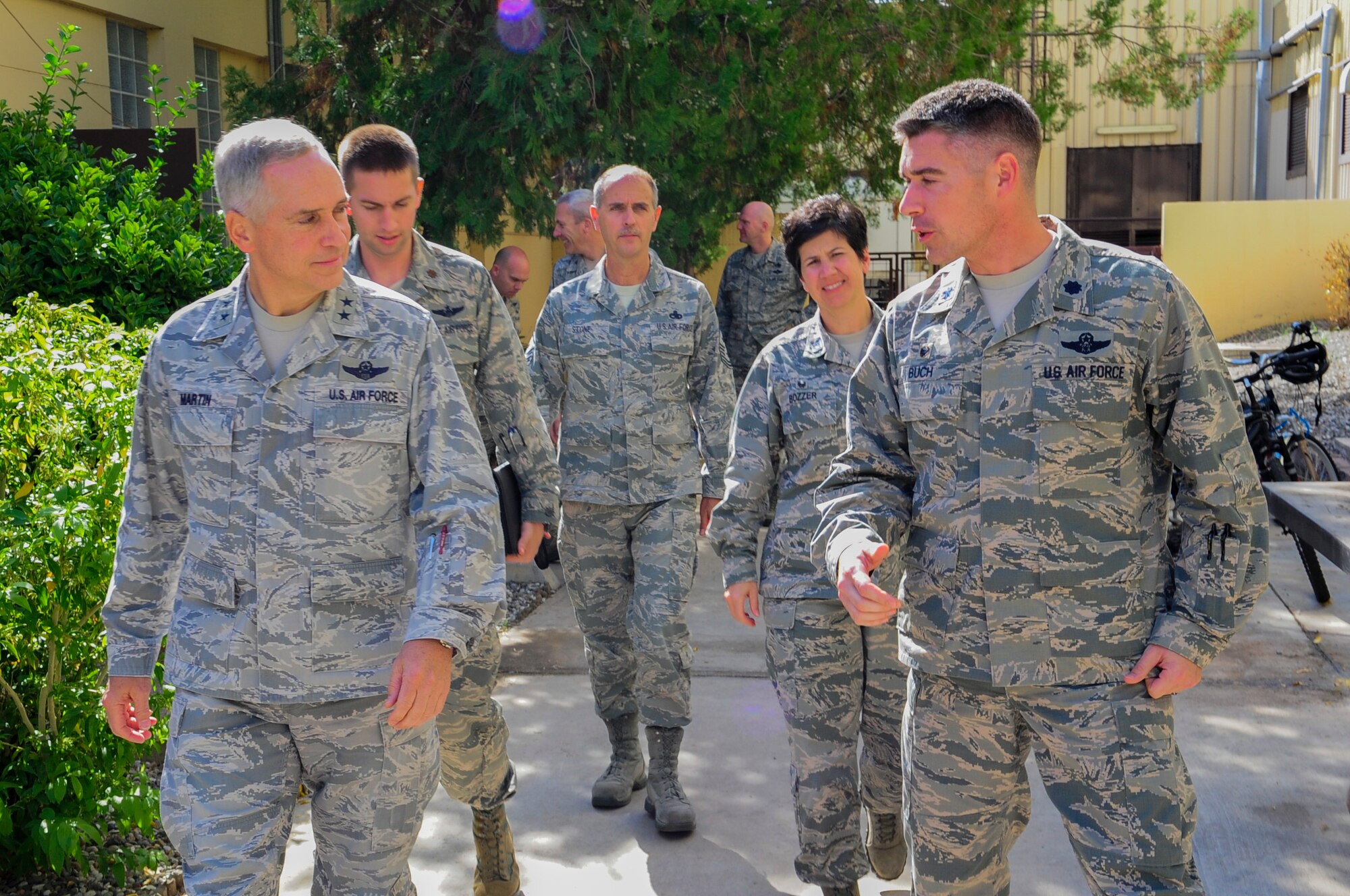 Maj. Gen. Rick Martin, U.S. Air Force Expeditionary Center commander, speaks with Lt. Col. George Buch, 728th Air Mobility Squadron commander, during a visit to the 728th AMS Oct. 18, 2015, at Incirlik Air Base, Turkey. The general’s visit included visiting operational aspects of the 728th AMS, recognizing its top performers and speaking with Airmen about the importance of their mission. (U.S. Air Force photo by Airman 1st Class Daniel Lile/Released)