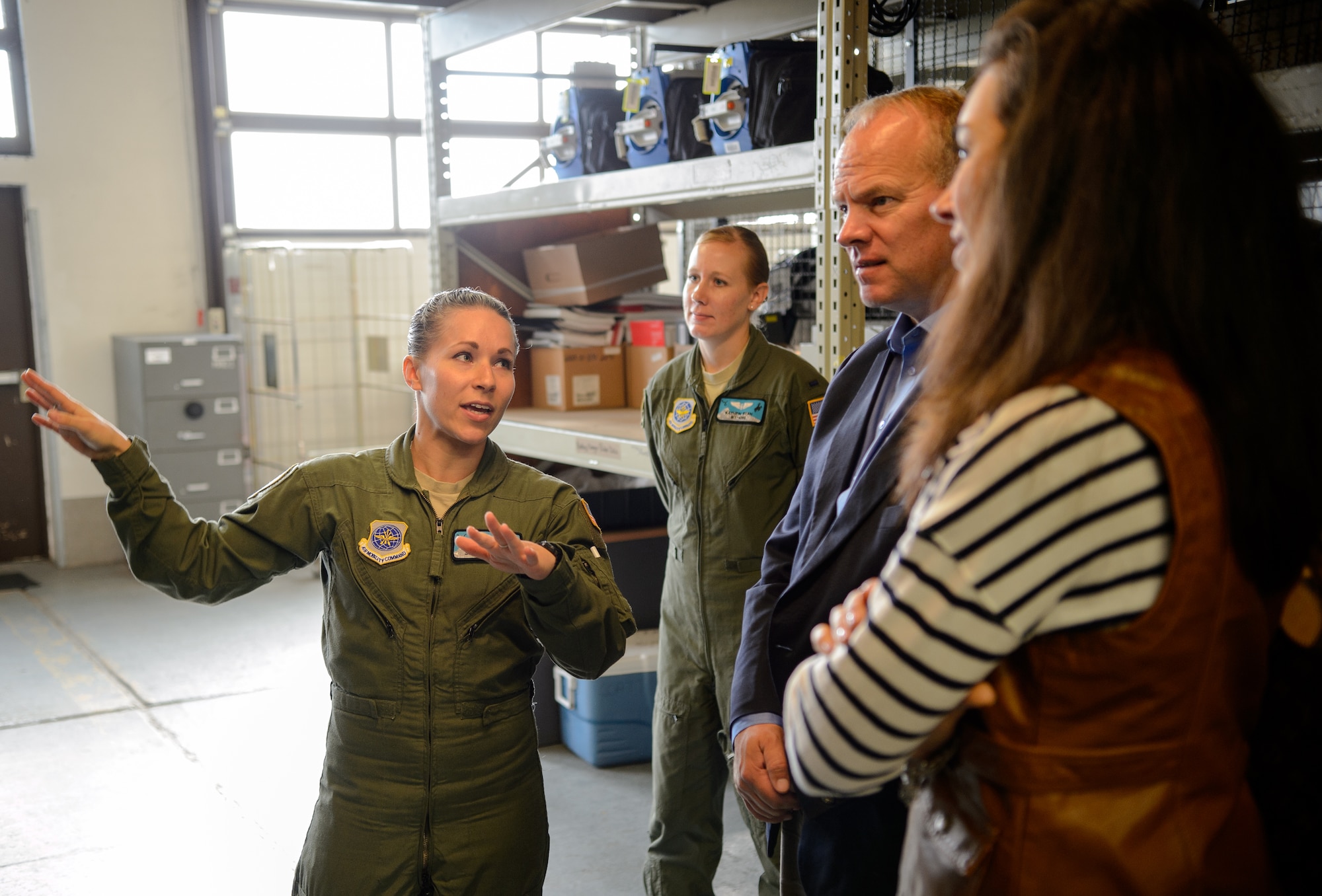 Senior Airman Beverly Spencer, 10th Expeditionary Aeromedical Evacuation Squadron technician, briefs Wyoming Governor Matt Mead and his wife on the equipment used by the 10th EAES Oct. 26, 2015, at Ramstein Air Base, Germany. Mead visited with Wyoming Air National Guardsmen to see how they contribute to the Air Force mission. (U.S. Air Force photo/Staff Sgt. Armando A. Schwier-Morales)
