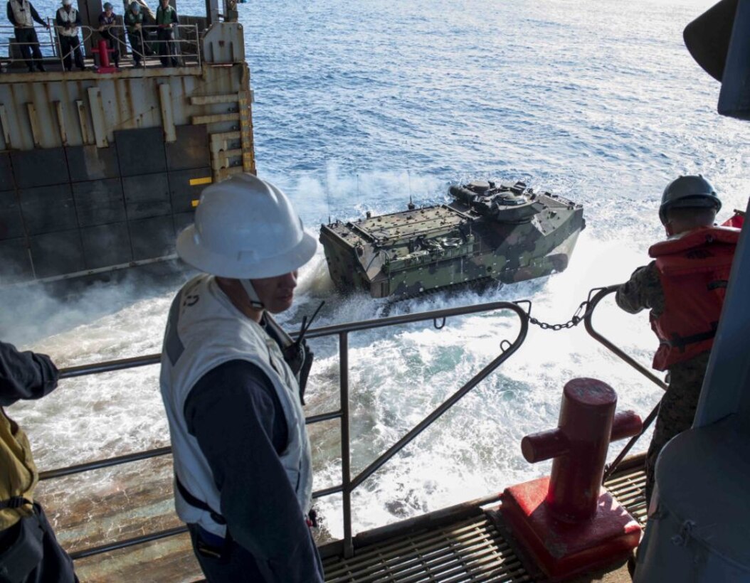 WATERS OFF OKINAWA, Japan – Sailors and Marines assigned to the amphibious dock landing ship USS Germantown (LSD 42) monitor launching amphibious assault vehicles (AAV) during exercise Blue Chromite (BC) 16. BC 16 is a U.S. only exercise designed to increase amphibious proficiency between the Navy and Marine Corps. (U.S. Navy photo by Mass Communication Specialist 2nd Class Will Gaskill/Released) 