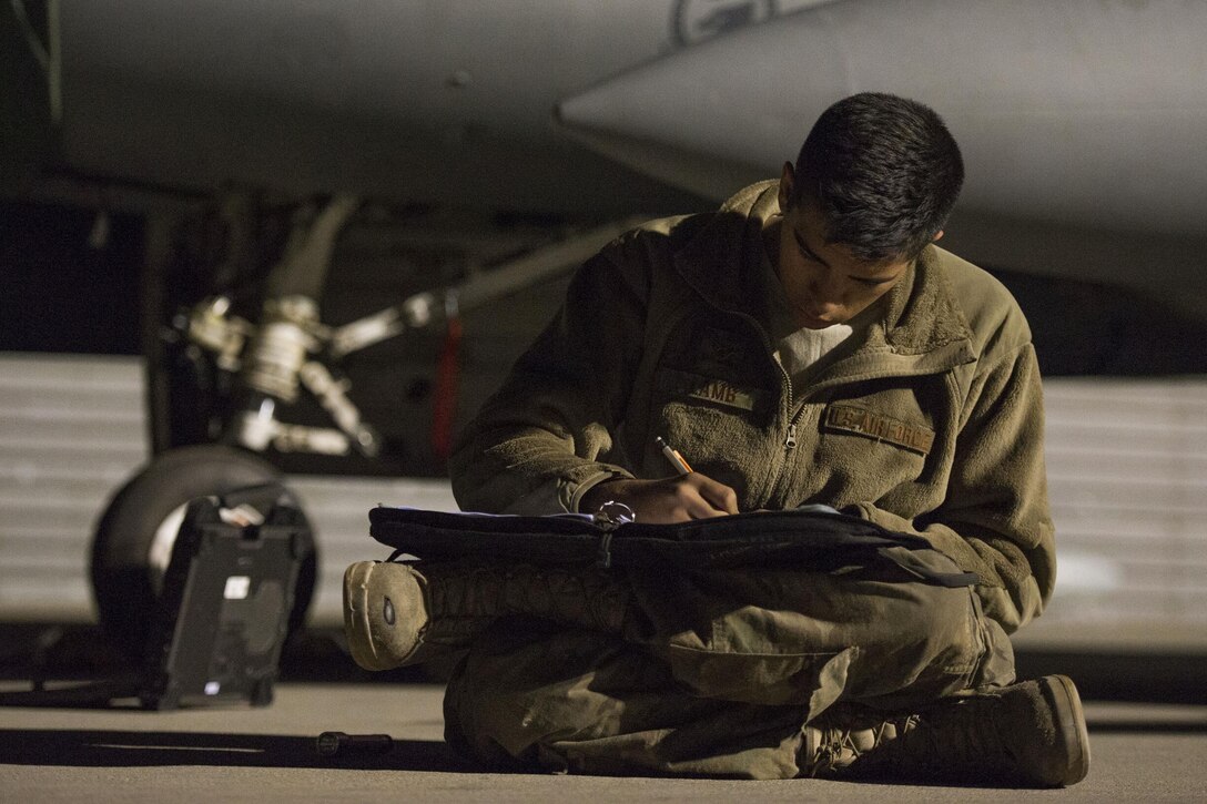 U.S. Air Force Airman 1st Class Christian Lamb signs maintenance paperwork on Bagram Airfield, Afghanistan, Oct. 28, 2015. Lamb is an assistant dedicated crew chief assigned to the 455th Expeditionary Aircraft Maintenance Squadron. U.S. Air Force photo by Tech. Sgt. Robert Cloys 