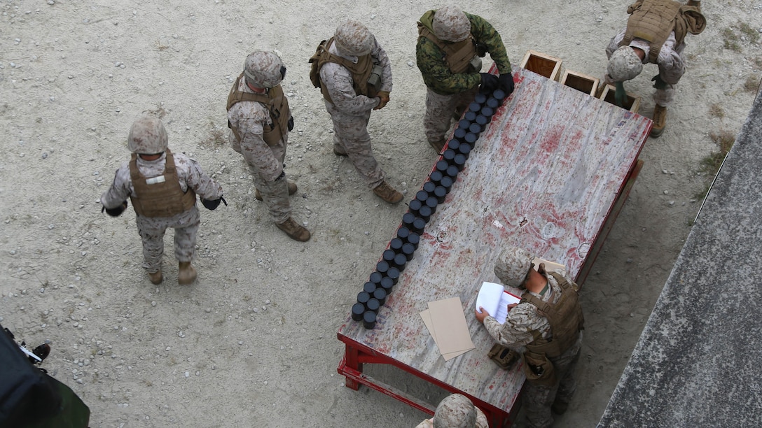 Marines receive grenades prior to proceeding to the firing pits during a grenade and MK-19 Grenade Launcher range at Marine Corps Base Camp Lejeune, N.C., Oct. 28, 2015. More than 70 Marines with 2nd Low Altitude Air Defense Battalion took turns handling the MK19 and handheld grenades during the familiarization range. The range offered Marines the opportunity to build confidence and proficiency skills on some of the crew-served weapons they operate while providing security in a deployed environment. 