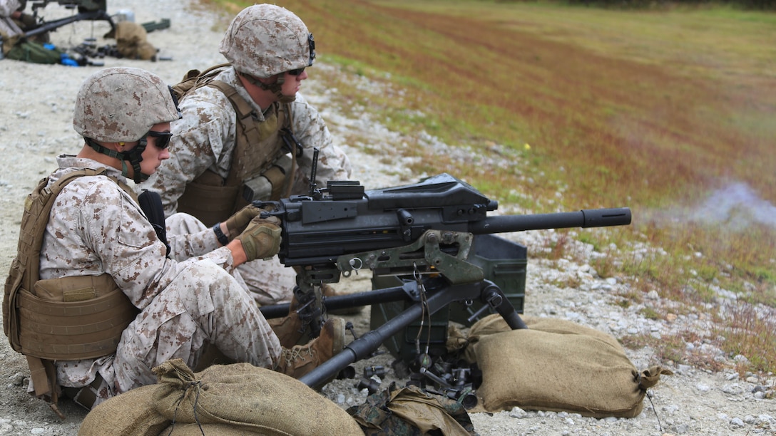 Marines engage designated targets during a grenade and MK-19 Grenade Launcher range at Marine Corps Base Camp Lejeune, N.C., Oct. 28, 2015. More than 70 Marines with 2nd Low Altitude Air Defense Battalion took turns handling the MK19 and handheld grenades during the familiarization range. The range offered Marines the opportunity to build confidence and proficiency skills on some of the crew-served weapons they operate while providing security in a deployed environment. 
