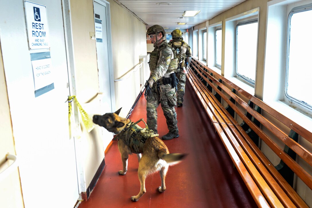 A Coast Guardsman and a military working dog search rooms on a boat while a training in Hyannis, Mass., Oct., 22, 2015. U.S. Coast Guard photo by Petty Officer 3rd Class Ross Ruddell