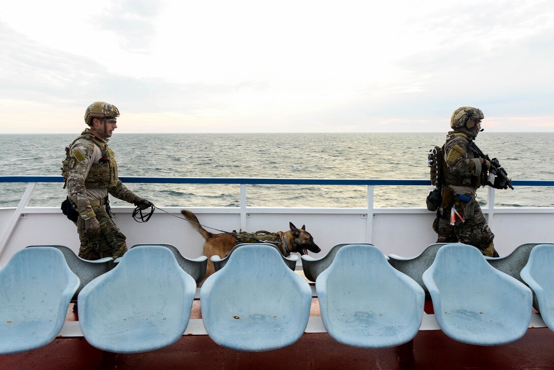 A Coast Guardsman and a military working dog search a boat while training in Hyannis, Mass., Oct., 22, 2015. U.S. Coast Guard photo by Petty Officer 3rd Class Ross Ruddell