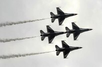 The U.S. Air Force Aerial Demonstration Squadron “Thunderbirds” practice performing F-16 acrobatic maneuvers Oct. 29, 2015 at Joint Base San Antonio-Randolph, Texas. The Thunderbirds team members arrived in preparation for the 2015 JBSA-Randolph Air Show and Open House to be held Oct. 31 and Nov. 1.  Air shows allow the Air Force to display the capabilities of our aircraft to the American taxpayer through aerial demonstrations and static displays and allowing attendees to get up close and personal to see some of the equipment and aircraft used by the U.S. military today.  (U.S. Air Force photo by Joel Martinez)
