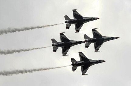 The U.S. Air Force Aerial Demonstration Squadron “Thunderbirds” practice performing F-16 acrobatic maneuvers Oct. 29, 2015 at Joint Base San Antonio-Randolph, Texas. The Thunderbirds team members arrived in preparation for the 2015 JBSA-Randolph Air Show and Open House to be held Oct. 31 and Nov. 1.  Air shows allow the Air Force to display the capabilities of our aircraft to the American taxpayer through aerial demonstrations and static displays and allowing attendees to get up close and personal to see some of the equipment and aircraft used by the U.S. military today.  (U.S. Air Force photo by Joel Martinez)