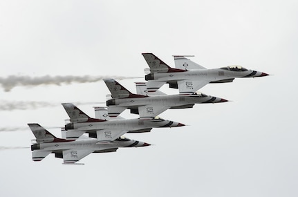 The U.S. Air Force Aerial Demonstration Squadron “Thunderbirds” practice performing F-16 acrobatic maneuvers Oct. 29, 2015 at Joint Base San Antonio-Randolph, Texas. The Thunderbirds team members arrived in preparation for the 2015 JBSA-Randolph Air Show and Open House to be held Oct. 31 and Nov. 1.  Air shows allow the Air Force to display the capabilities of our aircraft to the American taxpayer through aerial demonstrations and static displays and allowing attendees to get up close and personal to see some of the equipment and aircraft used by the U.S. military today.  (U.S. Air Force photo by Joel Martinez)
