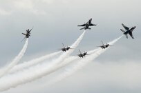 The U.S. Air Force Aerial Demonstration Squadron “Thunderbirds” practice performing F-16 acrobatic maneuvers Oct. 29, 2015 at Joint Base San Antonio-Randolph, Texas. The Thunderbirds team members arrived in preparation for the 2015 JBSA-Randolph Air Show and Open House to be held Oct. 31 and Nov. 1.  Air shows allow the Air Force to display the capabilities of our aircraft to the American taxpayer through aerial demonstrations and static displays and allowing attendees to get up close and personal to see some of the equipment and aircraft used by the U.S. military today.  (U.S. Air Force photo by Joel Martinez)