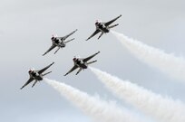 The U.S. Air Force Aerial Demonstration Squadron “Thunderbirds” practice performing F-16 acrobatic maneuvers Oct. 29, 2015 at Joint Base San Antonio-Randolph, Texas. The Thunderbirds team members arrived in preparation for the 2015 JBSA-Randolph Air Show and Open House to be held Oct. 31 and Nov. 1.  Air shows allow the Air Force to display the capabilities of our aircraft to the American taxpayer through aerial demonstrations and static displays and allowing attendees to get up close and personal to see some of the equipment and aircraft used by the U.S. military today.  (U.S. Air Force photo by Joel Martinez)