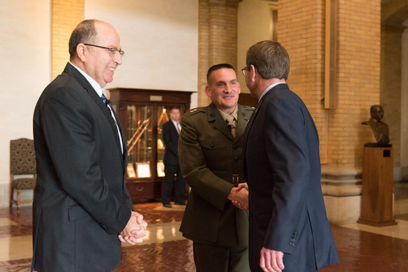 Secretary of Defense Ash Carter, NDU President Major General Frederick Padilla, and Israeli Minister of Defense Moshe Ya'alon
