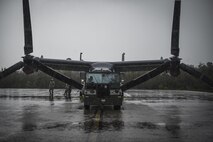 A CV-22B Osprey is prepared to be towed into Freedom Hangar at Hurlburt Field, Fla., Oct. 27, 2015. The 801st SOAMXS crew chiefs continued normal operations despite the after-effects of Hurricane Patricia at Hurlburt Field. (U.S. Air Force photo by Senior Airman Christopher Callaway/Released)