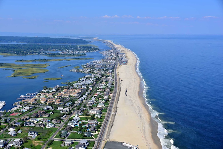 Bird’s eye view of New Jersey coast. North of Manasquan, the Army Corp’s New York District has restored several miles of shoreline in Monmouth County.  Restoring coastal projects, including replacing lost sand continues to be crucial in reducing future flooding risks.  