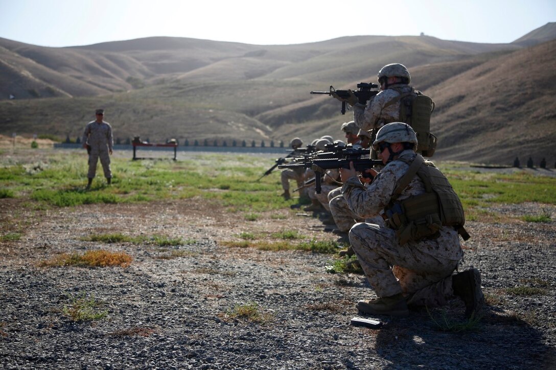 U.S. Marines with 11th Marine Expeditionary Unit (MEU) practice speed reloading as part of combat marksmanship training during the 11th MEU Command Element field exercise (CEFEX) at Camp Pendleton, Calif. Combat marksmanship training teaches Marines weapon familiarity and marksmanship enhancement, as well as maintaining developed skills in preparation for the WestPac 16-2 deployment. (U.S. Marine Corps photo by Cpl. Xzavior T. McNeal)