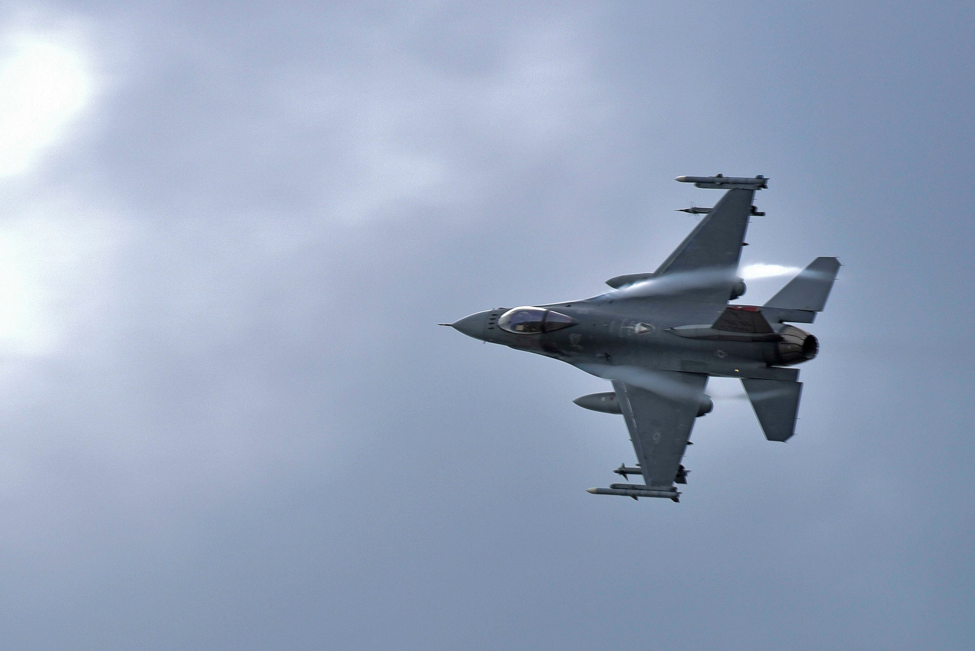 An F-16 Fighting Falcon performs a maneuver after dropping a simulated ordnance at Draughon Range outside Misawa Air Base, Japan, Oct. 30, 2015. Commonly referred to as "Viper" in the pilot community, the F-16 has the capability of flying two times the speed of sound. (U.S. Air Force photo by Senior Airman Jose L. Hernandez-Domitilo/Released)