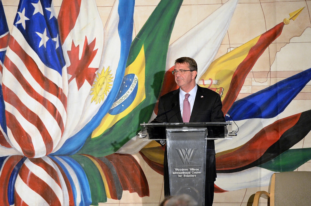 Defense Secretary Ash Carter delivers remarks during a ceremony at the Woodrow Wilson International Center for Scholars after he received the Woodrow Wilson Award for Public Service in Washington, D.C., Oct. 29, 2015. DoD photo by U.S. Army Sgt.1st Class Clydell Kinchen
