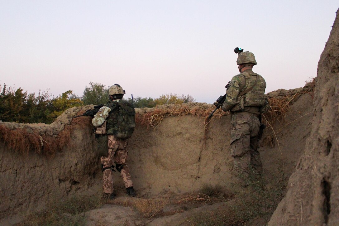 U.S. and Czech soldiers provide security during a patro through a village in Parwan province, Afghanistan, Oct. 20, 2015. U.S. Army photo by Sgt. 1st Class David Wheeler