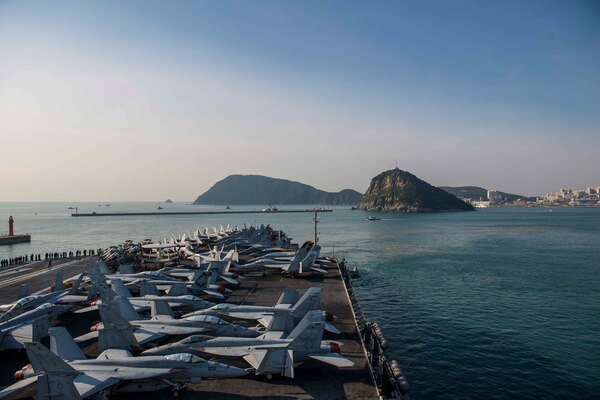 BUSAN, Republic of Korea (Oct. 30, 2015) - The U.S. Navy's only forward-deployed aircraft carrier USS Ronald Reagan (CVN 76) prepares to moor in Busan for a goodwill port visit. Ronald Reagan and its embarked air wing, Carrier Air Wing (CVW) 5, provide a combat-ready force that protects and defends the collective maritime interests of the U.S. and its allies and partners in the Indo-Asia-Pacific region. 