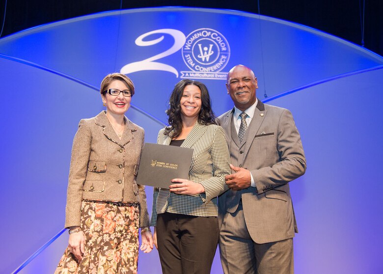 Porscha Porter, an electrical engineer at the U.S. Army Engineering and Support Center, Huntsville, receives a Technology Rising Star award at the 20th Women of Color STEM conference in Detroit, Michigan, Oct. 15-17. 