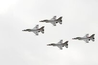 The U.S. Air Force Aerial Demonstration Squadron “Thunderbirds” practice performing F-16 acrobatic maneuvers Oct. 29, 2015 at Joint Base San Antonio-Randolph, Texas. The Thunderbirds team members arrived in preparation for the 2015 JBSA-Randolph Air Show and Open House to be held Oct. 31 and Nov. 1.  Air shows allow the Air Force to display the capabilities of our aircraft to the American taxpayer through aerial demonstrations and static displays and allowing attendees to get up close and personal to see some of the equipment and aircraft used by the U.S. military today.  (U.S. Air Force photo by Melissa Peterson)