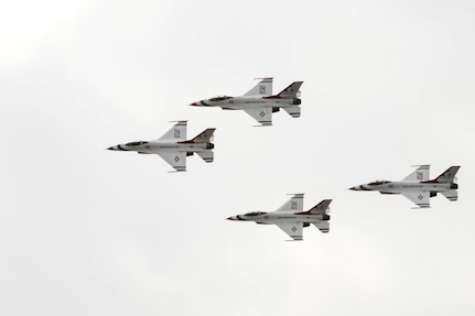 The U.S. Air Force Aerial Demonstration Squadron “Thunderbirds” practice performing F-16 acrobatic maneuvers Oct. 29, 2015 at Joint Base San Antonio-Randolph, Texas. The Thunderbirds team members arrived in preparation for the 2015 JBSA-Randolph Air Show and Open House to be held Oct. 31 and Nov. 1.  Air shows allow the Air Force to display the capabilities of our aircraft to the American taxpayer through aerial demonstrations and static displays and allowing attendees to get up close and personal to see some of the equipment and aircraft used by the U.S. military today.  (U.S. Air Force photo by Melissa Peterson)