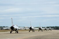 The U.S. Air Force Aerial Demonstration Squadron “Thunderbirds” line up on the flightline prior to practicing their F-16 aerial acrobatic maneuvers Oct. 29, 2015 at Joint Base San Antonio-Randolph, Texas. The Thunderbirds team members arrived in preparation for the 2015 JBSA-Randolph Air Show and Open House to be held Oct. 31 and Nov. 1.  Air shows allow the Air Force to display the capabilities of our aircraft to the American taxpayer through aerial demonstrations and static displays and allowing attendees to get up close and personal to see some of the equipment and aircraft used by the U.S. military today.  (U.S. Air Force photo by Melissa Peterson)