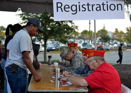 Homeless Veterans are registered and given wristbands at the Veteran Stand Down at the VA Community Resource and Referral Center on Friday, Oct. 30, 2015. The event offered medical screenings and assistance, clothing, food, haircuts and legal counseling to hundreds of homeless veterans in the greater Charleston area.  (VA Photo by James Arrowood)