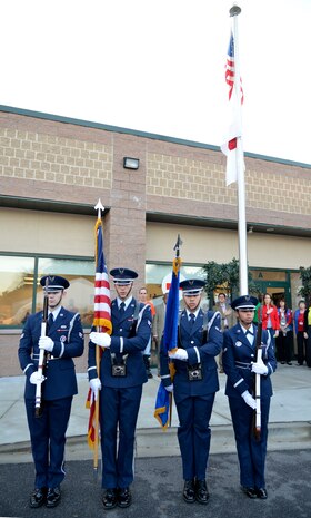 Joint Base Charleston Honor Guard presents the colors at the Veteran Stand Down at the VA Community Resource and Referral Center on Friday, Oct. 30, 2015. The event offered medical screenings and assistance, clothing, food, haircuts and legal counseling for hundreds of homeless veterans in the greater Charleston area.  (VA Photo by James Arrowood)