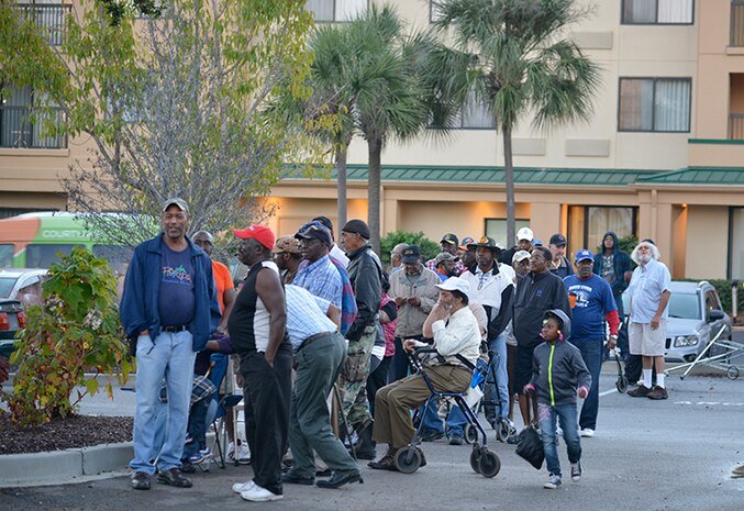 Homeless Veterans wait in line for registration during the Veteran Stand Down at the VA Community Resource and Referral Center on Friday, Oct. 30, 2015. The event offered medical screenings and assistance, clothing, food, haircuts and legal counseling for hundreds of homeless veterans in the greater Charleston area.  (VA Photo by James Arrowood)