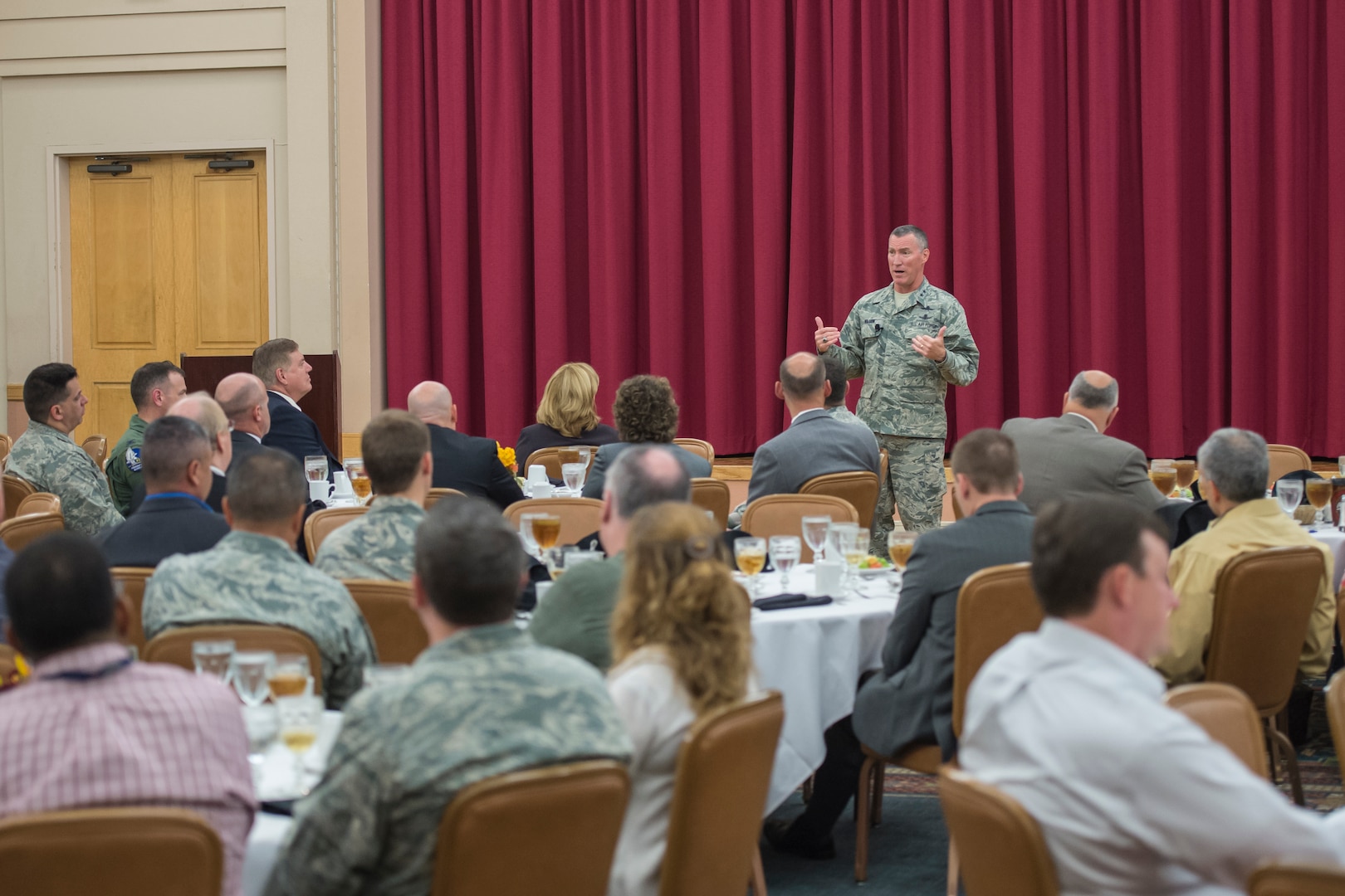 Maj. Gen. Ed Wilson, 24th Air Force commander speaks to attendees of the 2015 AF Cyberspace Live, Virtual and Constructive (LVC) Workshop on Joint Base San Antonio - Lackland, Texas, October 20. The three-day LVC workshop is co-chaired by 24 AF and the Air Force Agency for Modeling and Simulation (AFAMS). The theme of the workshop is "Training the Cyber Mission Force." As the leader in realistic Cyber training, the AF seeks to integrate air, space, and cyberspace training through its full-spectrum LVC capabilities. (U.S. Air Force photo by Master Sgt. Luke P. Thelen/Released)
