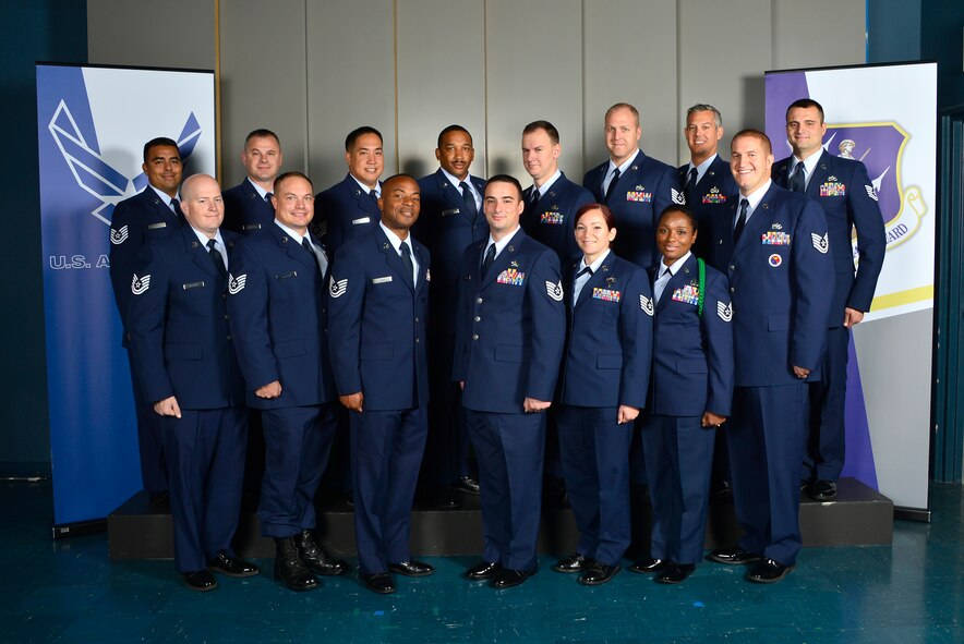 MCGHEE TYSON AIR NATIONAL GUARD BASE, Tenn. - Noncommissioned officer academy class 16-1, F-Flight, assembles here, Oct. 27, 2015, at the I.G. Brown Training and Education Center. (U.S. Air National Guard photo by Master Sgt. Jerry D. Harlan/Released)