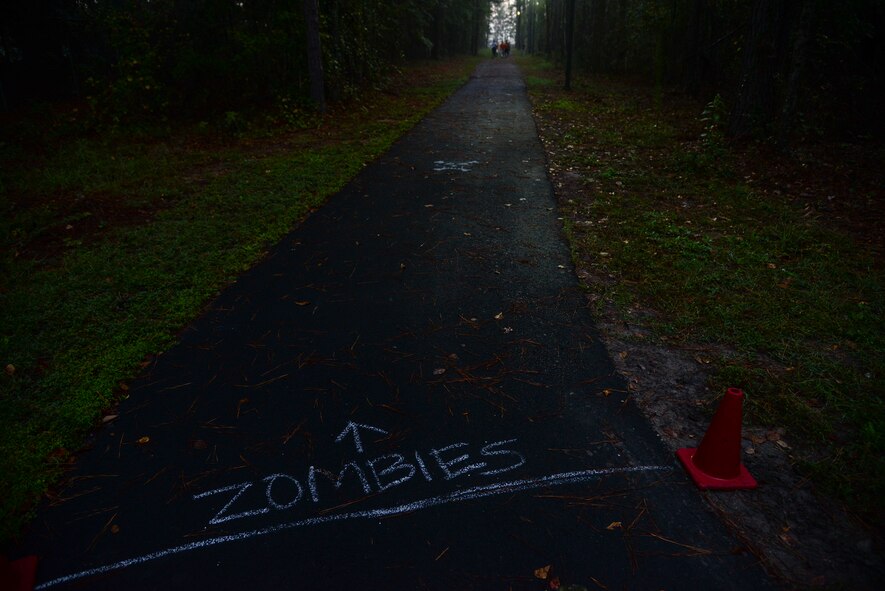 A group of runners make their way through the Zombie Zone during a Zombie Run, Oct. 30, 2015, at Moody Air Force Base, Ga. Participants were encouraged to wear costumes during the second annual 5K run. (U.S. Air Force photo by Airman 1st Class Janiqua P. Robinson/Released)