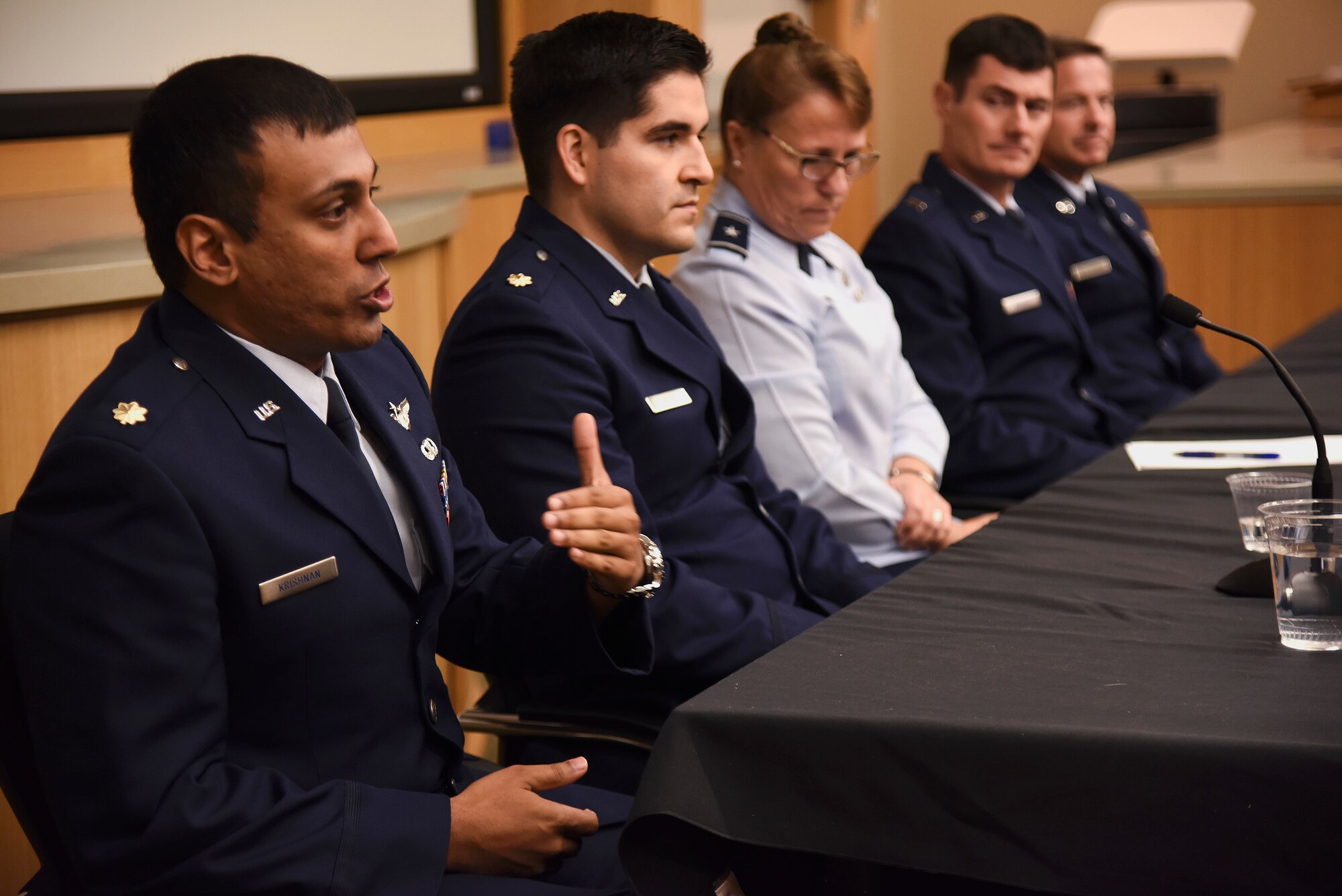Maj. Sriram Krishnan, 4th Fighter Wing chief of the formal training unit standardization and evaluation, responds to a question during the 7th annual National Security Scholars Conference, Oct. 26, 2015, at Duke University in Durham, North Carolina. Krishnan and other members of the 4th FW attended the conference to listen to Air Force senior leaders and also provide their perspectives on the service’s strategic future. (U.S. Air Force photo/Senior Airman Brittain Crolley)