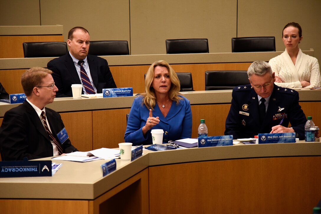 Secretary of the Air Force Deborah Lee James responds to an Academic Think Tank Perspectives Panel during the 7th annual National Security Scholars Conference, Oct. 26, 2015, at Duke University in Durham, North Carolina. The panel aimed to identify opportunities to develop a balanced capabilities mix that addresses near-term readiness and future modernization. (U.S. Air Force photo/Senior Airman Brittain Crolley)