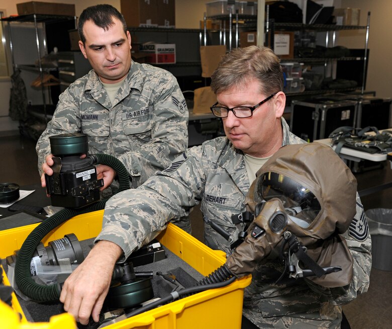 Senior Airman Adam McMann, 127th Operations Group aircrew flight equipment technician, works with Master Sgt. William Dehart, 127th OG aircrew flight equipment technician, to test the hoses for functionality on an aircrew eye and respiratory protection equipment device at Selfridge Air National Guard Base, Mich., Oct. 17, 2015. (U.S. Air National Guard photo by Senior Airman Ryan Zeski/Released)