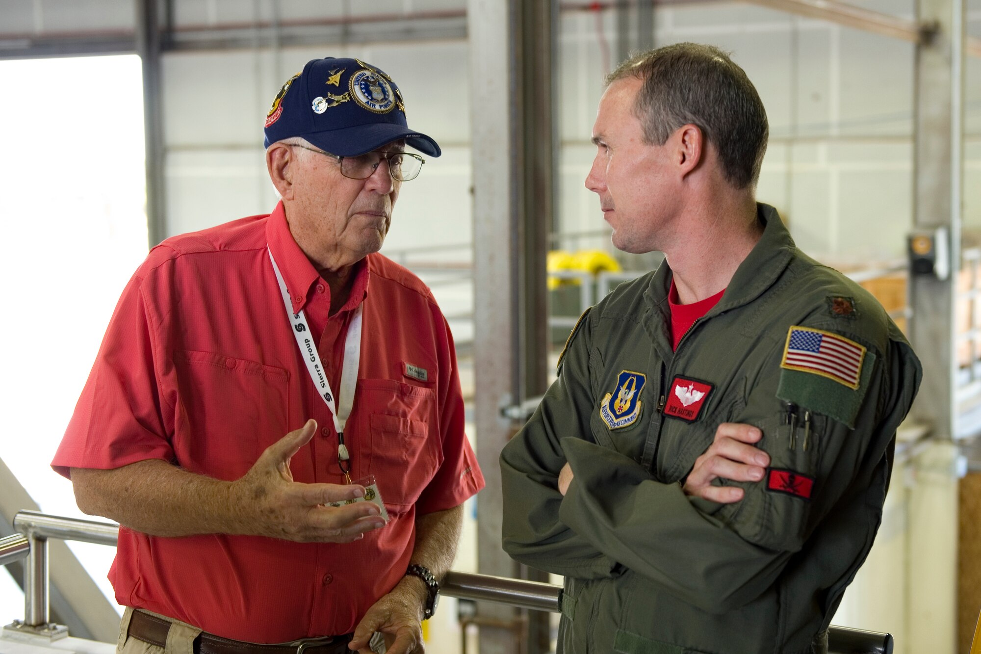 Retired Lt. Col. Robert Sweetwood, 319th Fighter Interceptor Squadron Association member former fighter pilot, speaks with Maj. Rick Hastings, 72nd Air Refueling Squadron instructor pilot, during a tour of a KC-135R Stratotaker at Grissom Air Reserve Base, Ind., Sept. 25, 2015. The 319th FIS was created as part of the 325th Fighter Group in 1942 until its deactivation in 1977, and was located here from 1955 until 1963. (U.S. Air Force photo/Tech. Sgt. Benjamin Mota)