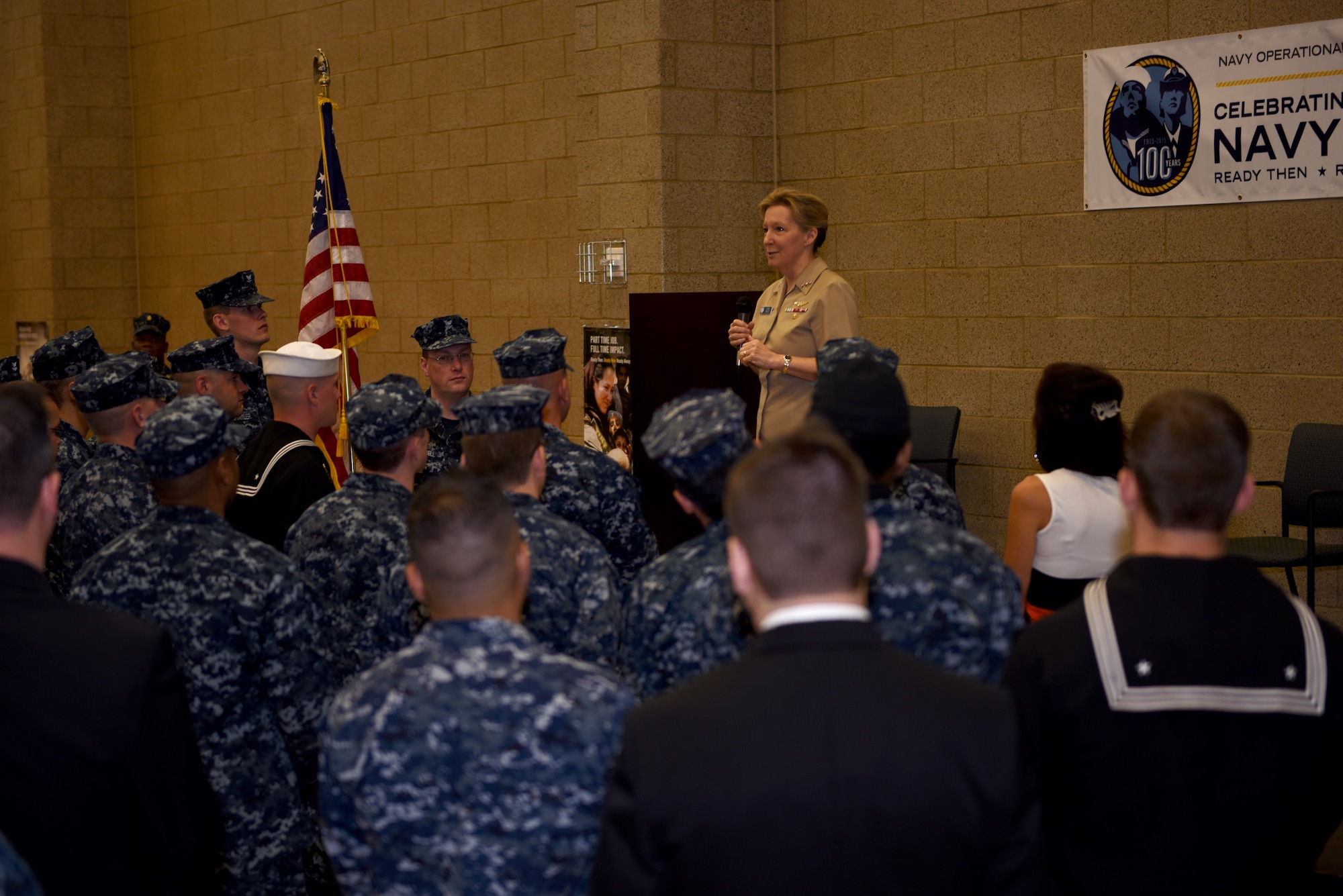 Navy Vice Adm. Robin R, Braun speaks with members of the Navy Operational Support Center - Pittsburgh at the Pittsburgh International Airport Air Reserve Station, Oct. 3, 2015. Braun spoke to sailors about solutions to issues facing the NOSC, the Navy Reserve centennial celebration earlier this year, and several other pertinent subjects. (U.S. Air Force photo by Senior Airman Marjorie A. Bowlden)