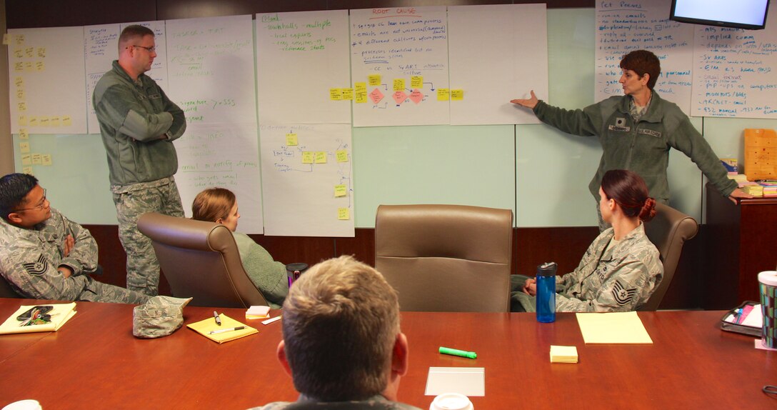 932nd Airlift Wing members listen to Lt. Col. Stephanie Boehning discuss the pros and cons of organization and planning during a professional development course focusing on communications processes in the wing conference room at the Illinois Air Force Reserve unit's headquarters located at Scott Air Force Base. (U.S. Air Force photo/Maj. Stan Paregien)