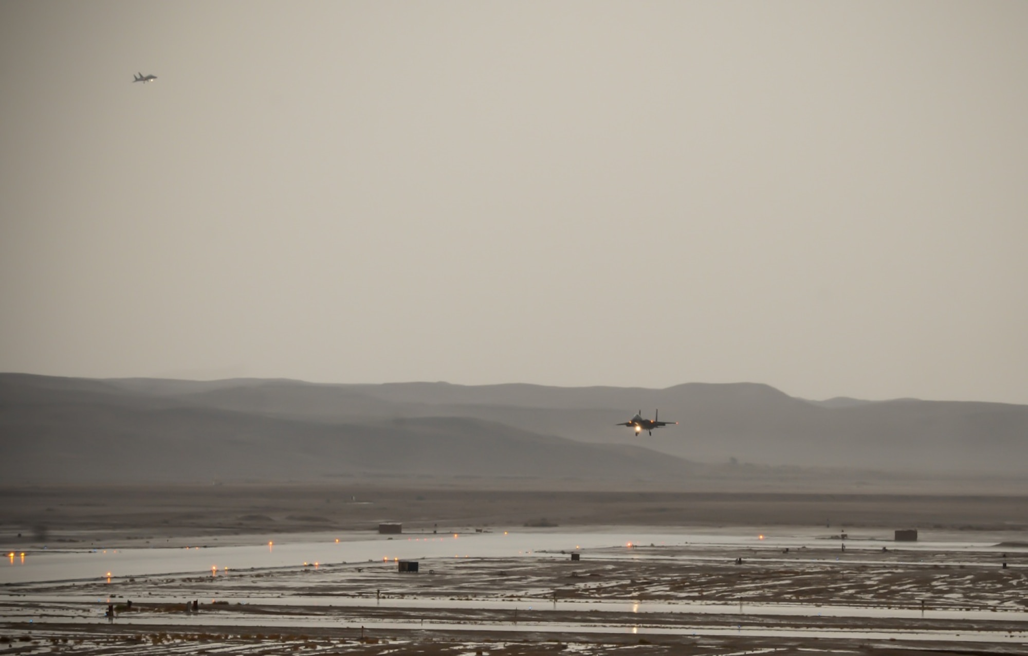 An F-15C Eagle from the 493rd Fighter Squadron, Royal Air Force Lakenheath, England, lands on the runway after completing a training mission during the Blue Flag exercise at Uvda Air Force Base, Israel, Oct. 18-29, 2015. Blue Flag is the Israeli air force's largest multinational aerial exercise and involved 11 fighter squadrons representing the Israeli, Hellenic, Polish and U.S. air forces. (U.S. Air Force photo by 2nd Lieutenant Kellie Rizer/Released)
