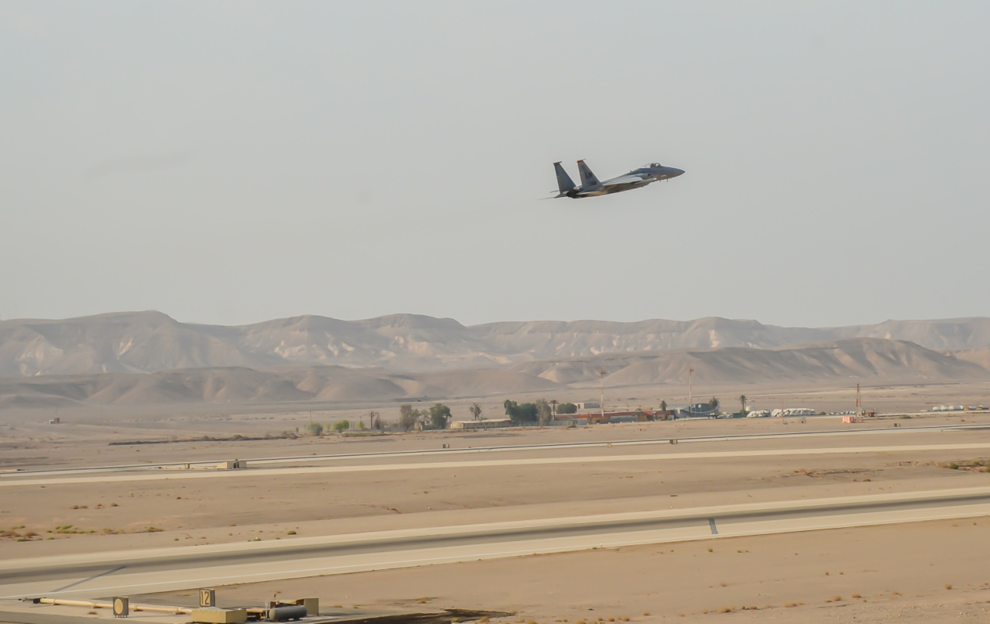 An F-15C Eagle from the 493rd Fighter Squadron, Royal Air Force Lakenheath, England, takes off to complete a training mission during the Blue Flag exercise at Uvda Air Force Base, Israel, Oct. 18-29, 2015. Blue Flag is the Israeli air force's largest multinational aerial exercise and involved 11 fighter squadrons representing the Israeli, Hellenic, Polish and U.S. air forces. (U.S. Air Force photo by 2nd Lieutenant Kellie Rizer/Released)