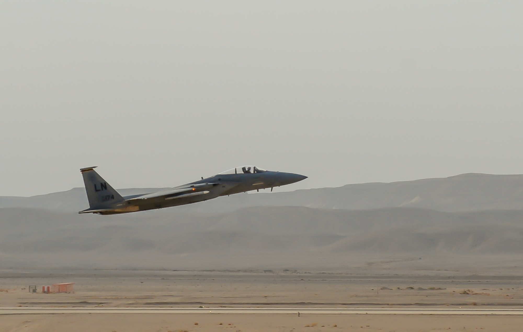 An F-15C Eagle from the 493rd Fighter Squadron, Royal Air Force Lakenheath, England, takes off to complete a training mission during the Blue Flag exercise at Uvda Air Force Base, Israel, Oct. 18-29, 2015. Blue Flag is the Israeli air force's largest multinational aerial exercise and involved 11 fighter squadrons representing the Israeli, Hellenic, Polish and U.S. air forces. (U.S. Air Force photo by 2nd Lieutenant Kellie Rizer/Released)