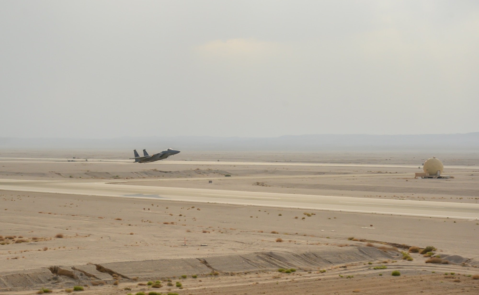 An F-15C Eagle from the 493rd Fighter Squadron, Royal Air Force Lakenheath, England, takes off to complete training mission during the Blue Flag exercise at Uvda Air Force Base, Israel, Oct. 18-29, 2015. Blue Flag is the Israeli air force's largest multinational aerial exercise and involved 11 fighter squadrons representing the Israeli, Hellenic, Polish and U.S. air forces. (U.S. Air Force photo by 2nd Lieutenant Kellie Rizer/Released)