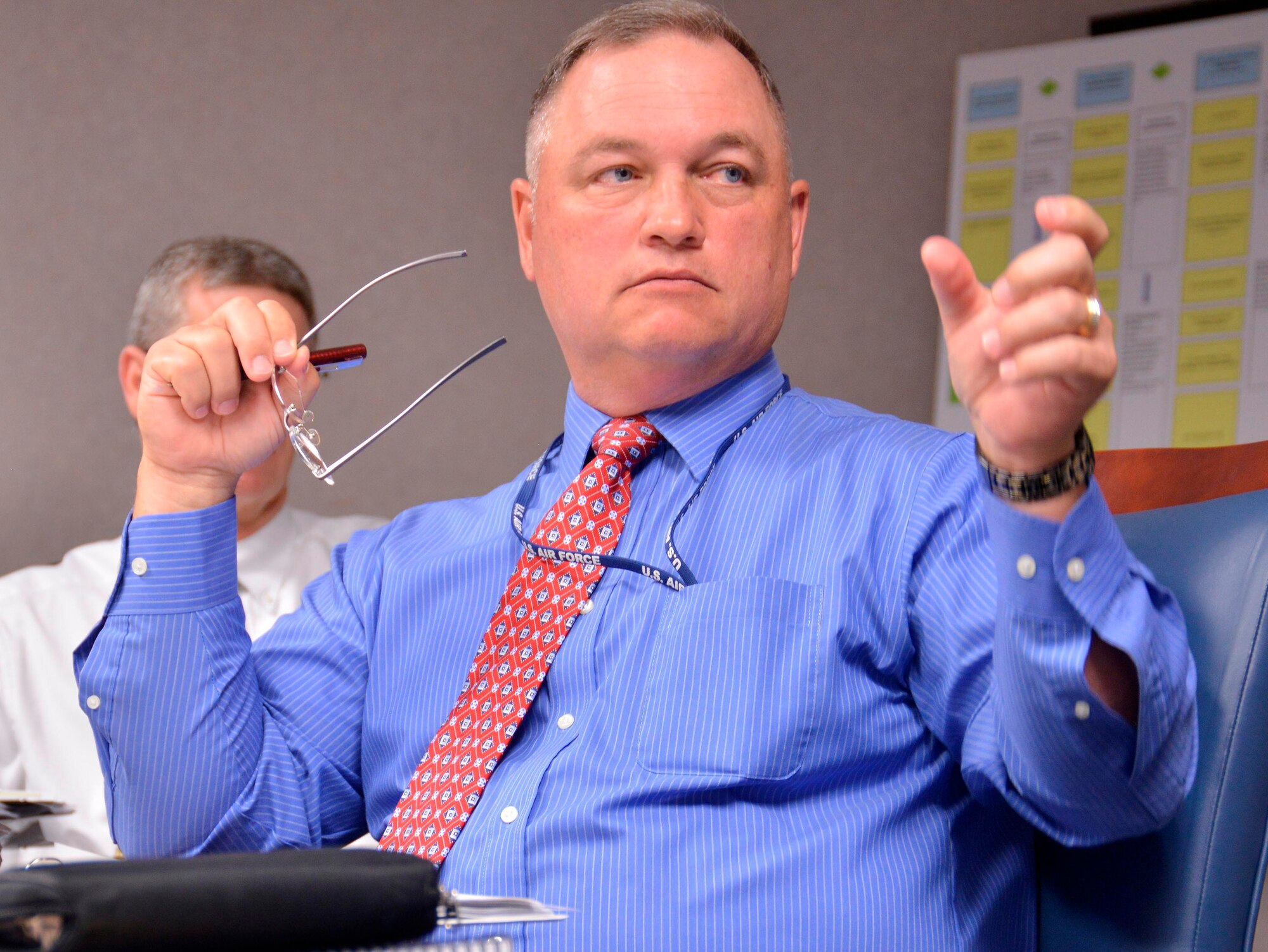 Greg Huttner, Financial Management director for the Air Force Sustainment Center operating location here, discusses a tool that will address future workforce needs during the Robins Senior Leader Working Group Oct. 26. (U.S. Air Force photo by Ed Aspera)