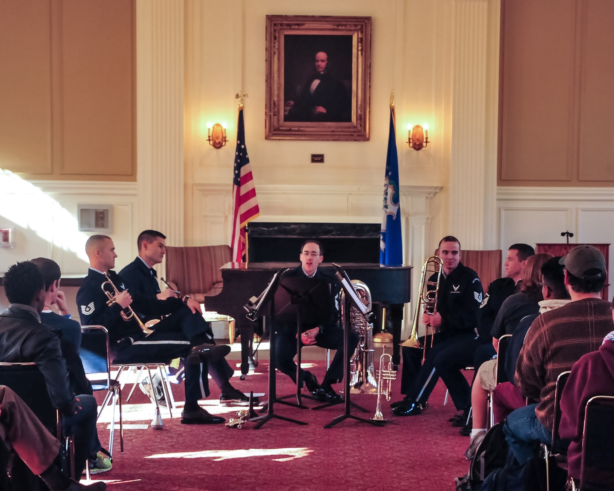 Members of the Air Force Band Brass Quintet address student questions during a lecture recital at Central Connecticut State University in New Britain, Conn. (Photo by A1C Latasia Gross/released)