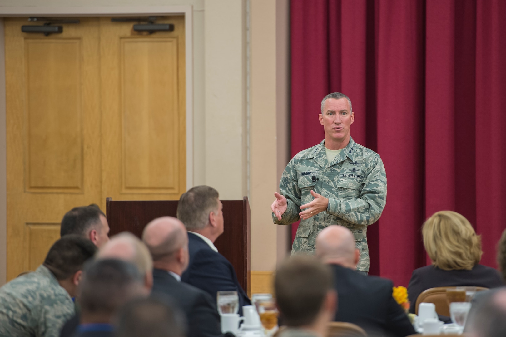Maj. Gen. Ed Wilson, 24th Air Force commander speaks to attendees of the 2015 AF Cyberspace Live, Virtual and Constructive (LVC) Workshop on Joint Base San Antonio - Lackland, Texas, October 20. The three-day LVC workshop is co-chaired by 24 AF and the Air Force Agency for Modeling and Simulation (AFAMS). The theme of the workshop is Training the Cyber Mission Force. As the leader in realistic Cyber training, the AF seeks to integrate air, space, and cyberspace training through its full-spectrum LVC capabilities. (U.S. Air Force photo by Master Sgt. Luke P. Thelen/Released)
