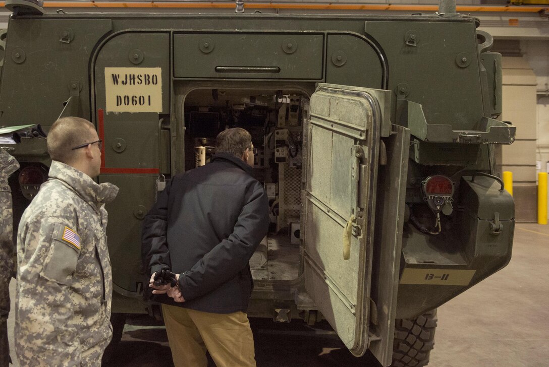 Defense Secretary Ash Carter tours a Stryker vehicle as he visits with soldiers of the 25th Infantry Division's 1st Stryker Brigade Combat Team, during a visit to Fort Wainwright, Alaska, Oct. 30, 2015. The secretary is traveling to the Asia-Pacific region, where he will meet with leaders from more than a dozen nations across Asia to help advance the next phase of the U.S. military’s rebalance in the region by modernizing longtime alliances and building new partnerships. DoD Photo by Air Force Senior Master Sgt. Adrian Cadiz