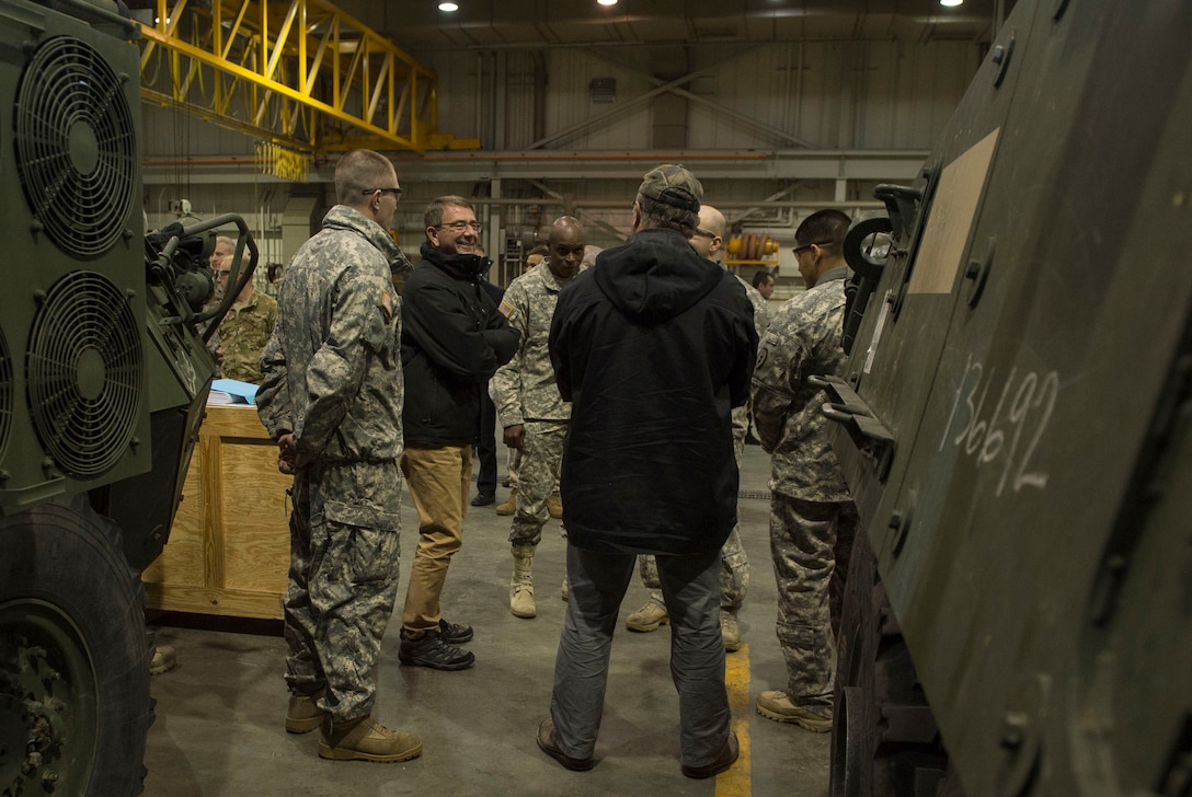 Defense Secretary Ash Carter visits with U.S. Army soldiers of the 25th Infantry Division's 1st Stryker Brigade Combat Team during a visit to Fort Wainwright, Alaska, Oct. 30, 2015.The secretary is traveling to the Asia-Pacific region, where he will meet with leaders from more than a dozen nations across Asia to help advance the next phase of the U.S. military’s rebalance in the region by modernizing longtime alliances and building new partnerships. DoD Photo by Air Force Senior Master Sgt. Adrian Cadiz