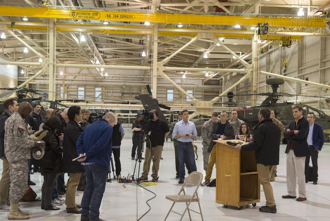 Defense Secretary Ash Carter speaks with reporters during a visit to Fort Wainwright, Alaska, Oct. 30, 2015. Carter is traveling to the Asia-Pacific region, where he will meet with leaders from more than a dozen nations to help advance the next phase of the U.S. military’s rebalance in the region by modernizing longtime alliances and building new partnerships. DoD Photo by Air Force Senior Master Sgt. Adrian Cadiz