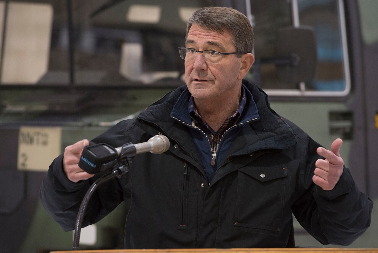 Defense Secretary Ash Carter speaks with reporters during a visit to Fort Wainwright, Alaska, Oct. 30, 2015. Carter is visiting the Asia-Pacific region, where he will meet with leaders from more than a dozen nations to help advance the next phase of the U.S. military’s rebalance in the region by modernizing longtime alliances and building new partnerships. Photo by Air Force Senior Master Sgt. Adrian Cadiz