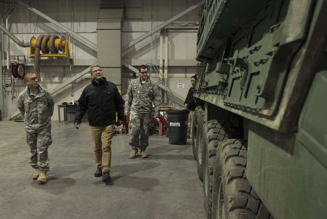 Defense Secretary Ash Carter tours a Stryker vehicle as he visits with soldiers of the 25th Infantry Division's 1st Stryker Brigade Combat Team on Fort Wainwright, Alaska, Oct. 30, 2015. Carter is visiting the Asia-Pacific region, where he will meet with leaders from more than a dozen nations to help advance the next phase of the U.S. military’s rebalance in the region by modernizing longtime alliances and building new partnerships. Photo by Air Force Senior Master Sgt. Adrian Cadiz